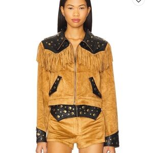 Show Me Your Mumu Wilson Jacket in Sepia Faux Suede with Fringe Black Tan Small